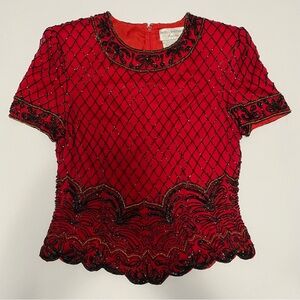 Vtg Papell Boutique Evening Women's Black Beaded Red Silk Top S Holiday Soirée